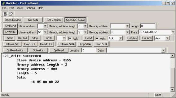 The result of data writing into the I2C slave device