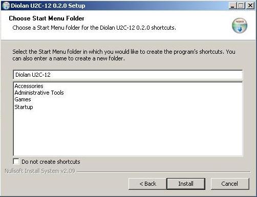 Choosing "Start Menu/Programs" folder for the Diolan U2C-12 shortcuts